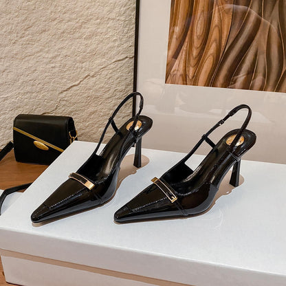 WO pointed stiletto heels for spring and summer 2026, new temperament, patent leather sexy toe wrapped heel sandals