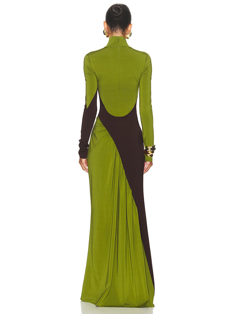 Foreign trade autumn and winter new European and beautiful fashion contrast splicing high neck long sleeve pleated slim hip dress for women