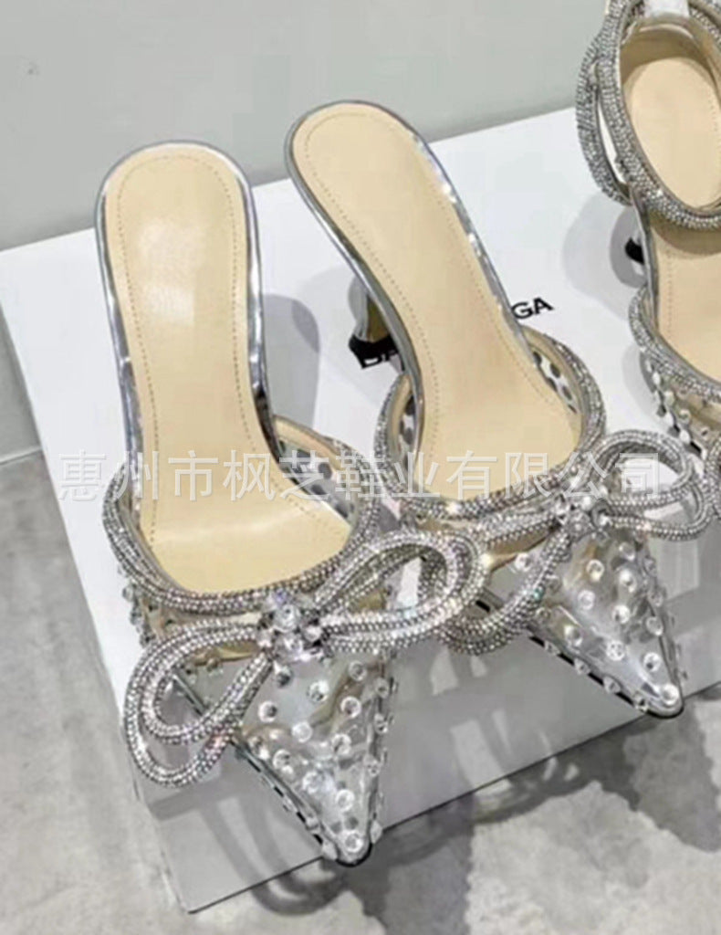 Customized European and American summer pointed toe toe sandals for women's outerwear, versatile stiletto heels, high heels, half slippers, transparent super high heels