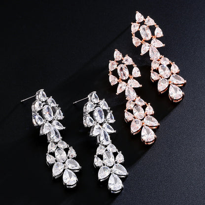 Foreign trade new waterdrop zircon stud earrings long tassel earrings, three-color full diamond earrings, niche design for women