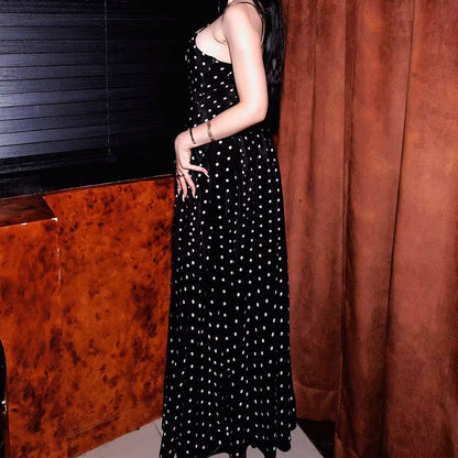 Spring 2026 cross-border European and beautiful clothing temperament elegant casual polka dot print spaghetti shoulder slip party dress