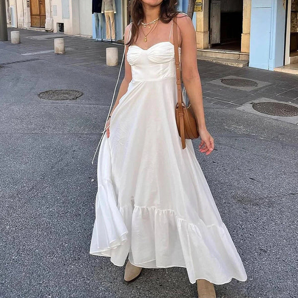 2025 Spring New Amazon European and American Women's Wear Elegant Solid Color High Waist Suspenders Sexy Swing Dress