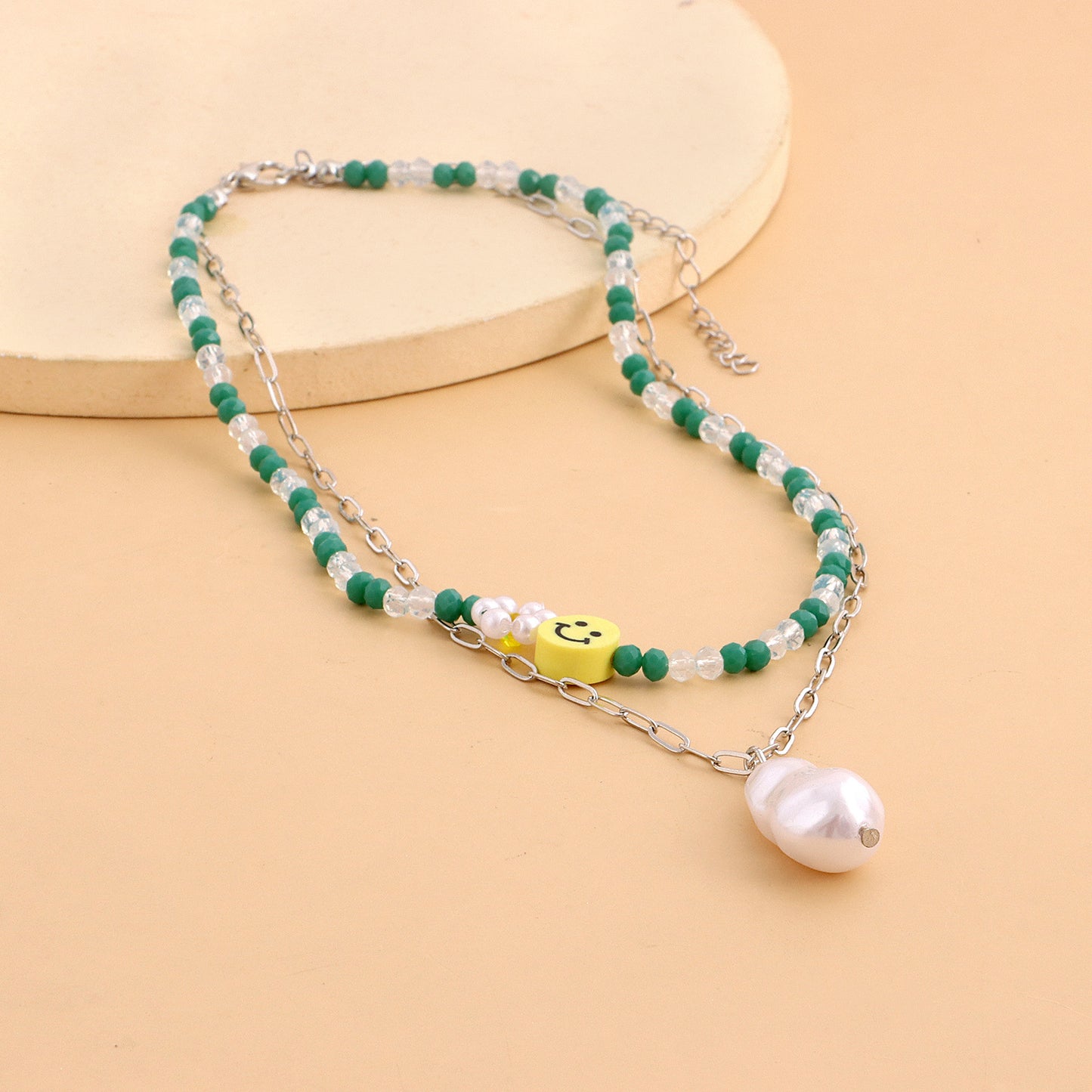 European and American cross-border jewelry, fashion double-layer crystal paper clip, smiley face, special-shaped pearl pendant necklace, female fairy style