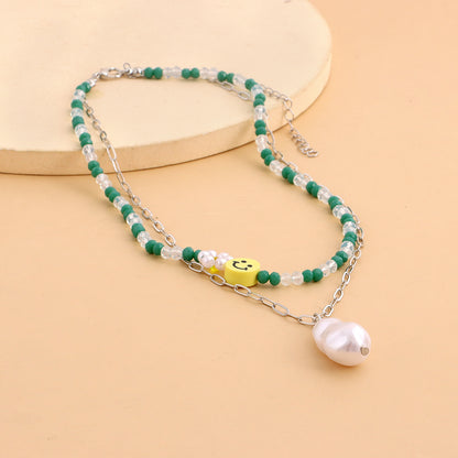 European and American cross-border jewelry, fashion double-layer crystal paper clip, smiley face, special-shaped pearl pendant necklace, female fairy style