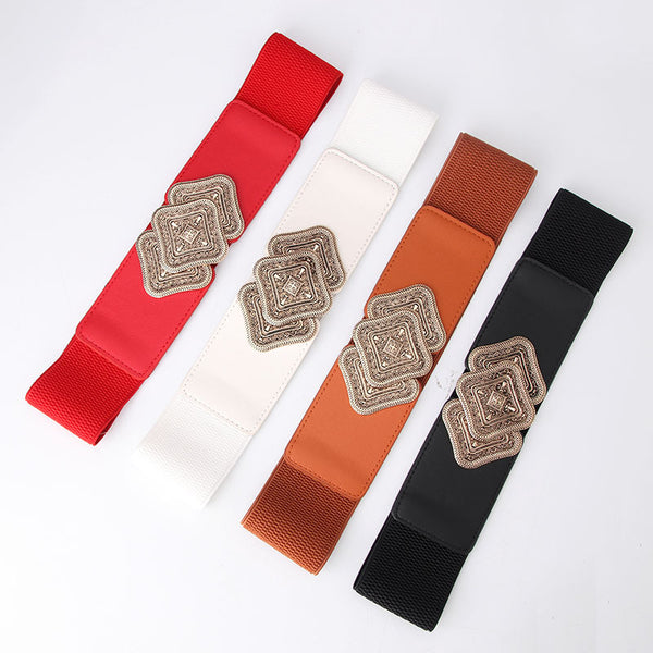 Cool belt cross-border fashion women's vintage carved toggle waist closure dress with stretch elasticated wide waistband