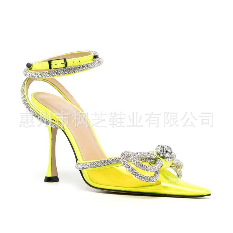 Transparent bow rhinestone high heel sandals pointed toe stiletto heels fashion European and American cross-border European and American style