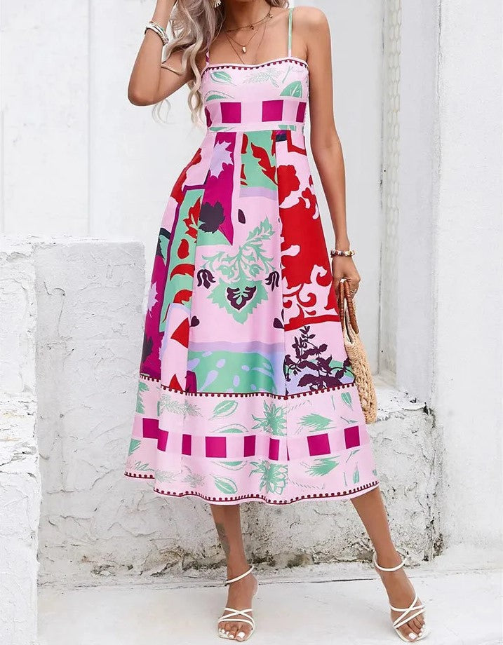 Europe and the United States 2023 Foreign Trade Cross-border Independent Station Summer Women's Clothing Sexy Positioning Printed Suspender Sleeveless Swing Dress