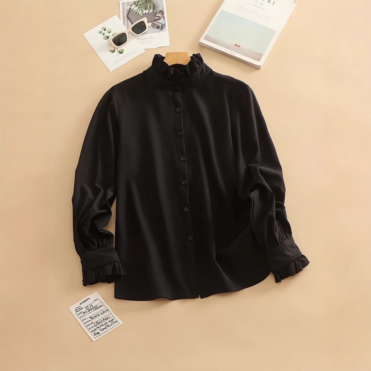 2026 New Cross-border European and American Ruffled Shirt Collar Long Sleeve Shirt Spring/Summer Versatile Casual Business Underwear European and American Cross-border Shirt