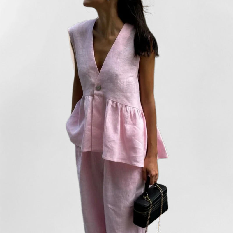 Cross-border Europe and the United States 2026 new products, V-neck button-down tops, vests, trouser suits, solid color temperament, commuting two