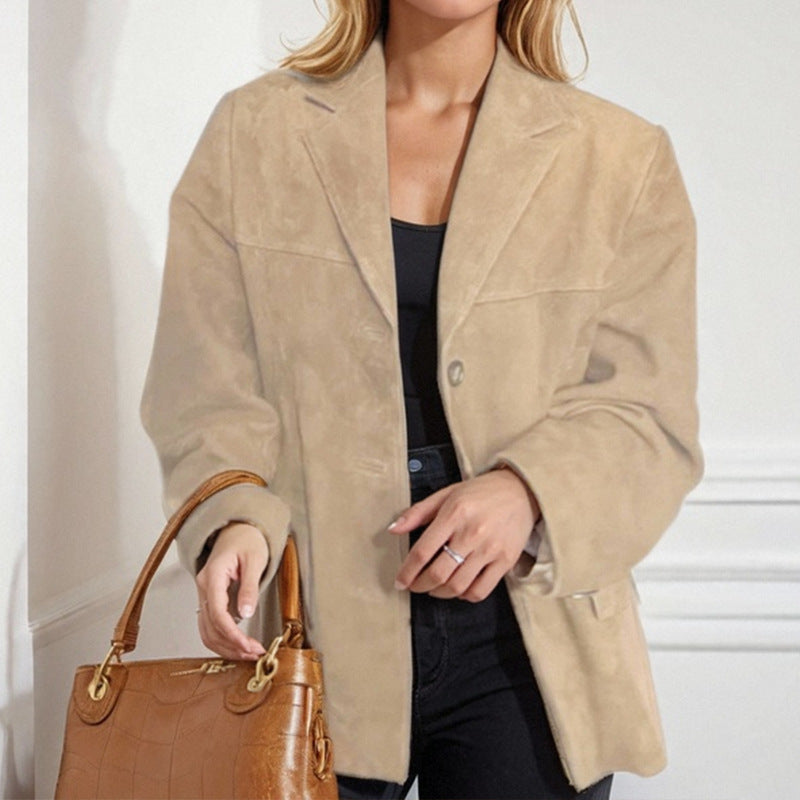 Primavera 2026: Novo Blazer Transfronteiriço em Camurça com Bolsos e Lapela com Botões, Estilo Europeu e Americano.
