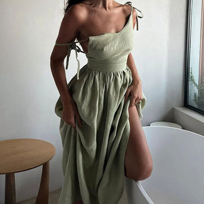 2026 Spring New Cross-border Women's Temperament Elegant V-Neck Suspender Sleeveless Sexy Open Back Solid Color Dress