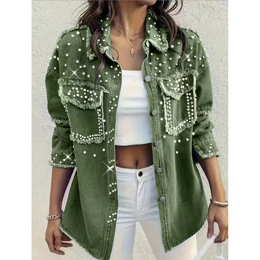 Diamond Pearl Women's Plus Size Diamond Pearl Embellished Denim Top Washed Denim Jacket Green