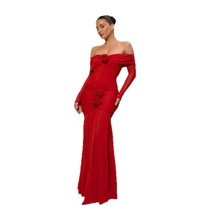 Cross-border European and American women's autumn fashion flower decoration sexy one-shoulder pleats slim hip wrap dress