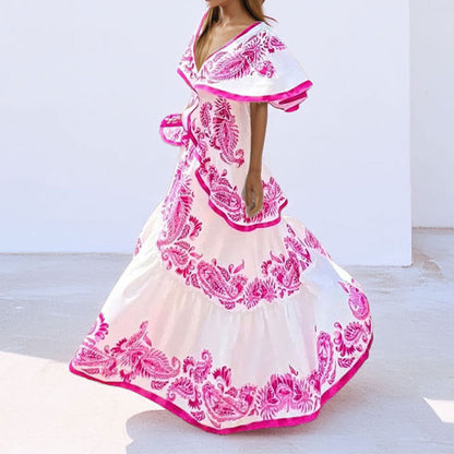 Spring 2026 new cross-border European and American clothing temperament elegant printed V-neck dress ruffled large swing dress