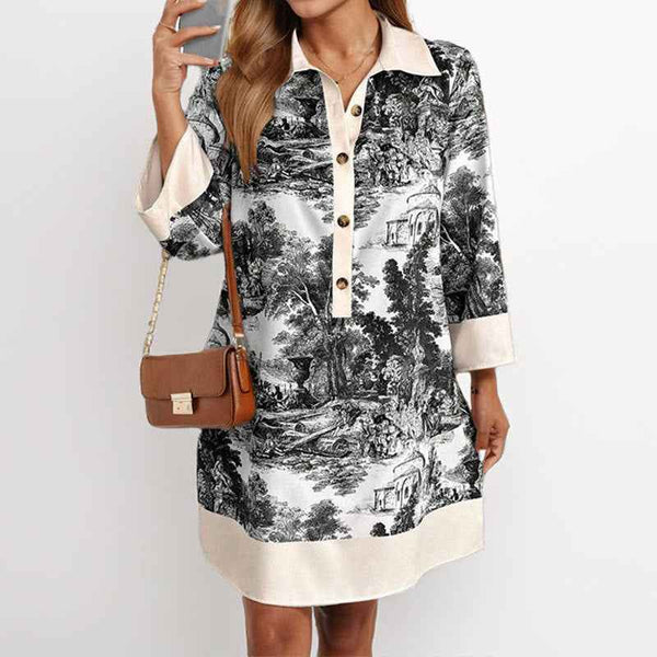 Cross-border, Europe and the United States, 2026 spring, new fashion temperament, printed national style ink, V-neck long-sleeved dress, short skirt for women