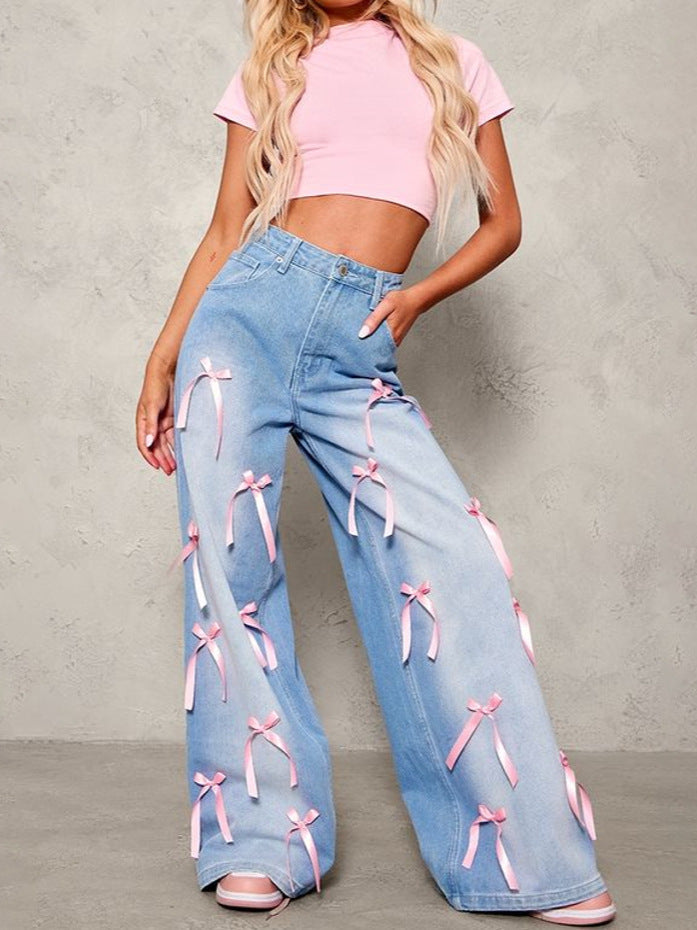 European and American cross-border high-waisted bow collage floor-length wide-leg jeans street distressed loose denim trousers women's style