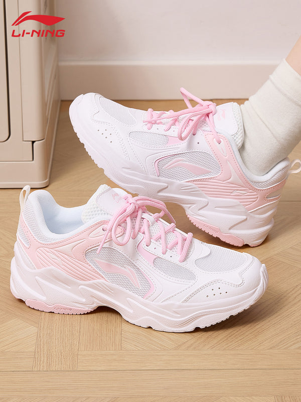 Li-Ning Dad Shoes Women's 2026 Summer New Mesh Breathable Vintage Height-Increasing Silver Pink Versatile Casual Sports Shoes