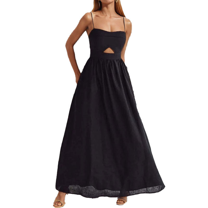 2026 European and American fashion spring and autumn new resort style solid color hollow suspender high-waisted French dress long skirt woman