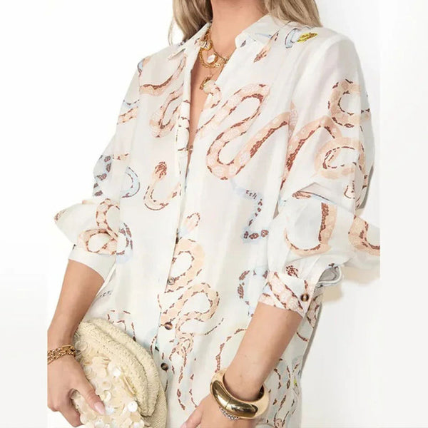 Amazon Spring 2025 European and American New Women's Temperament Fashion Printed Shirt Long Sleeve Slit Skirt Loose Suit