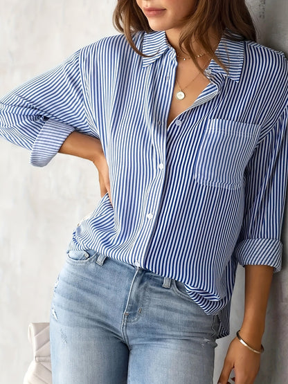 Women's Fall 2023 Amazon Striped Cardigan Tops Loose Casual Long Sleeve Shirts Women's Striped Long Sleeve Shirts