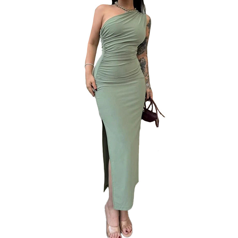 European and American style cross-border 2025 new slanted shoulder solid color slit sleeveless pure desire sexy temperament slim dress