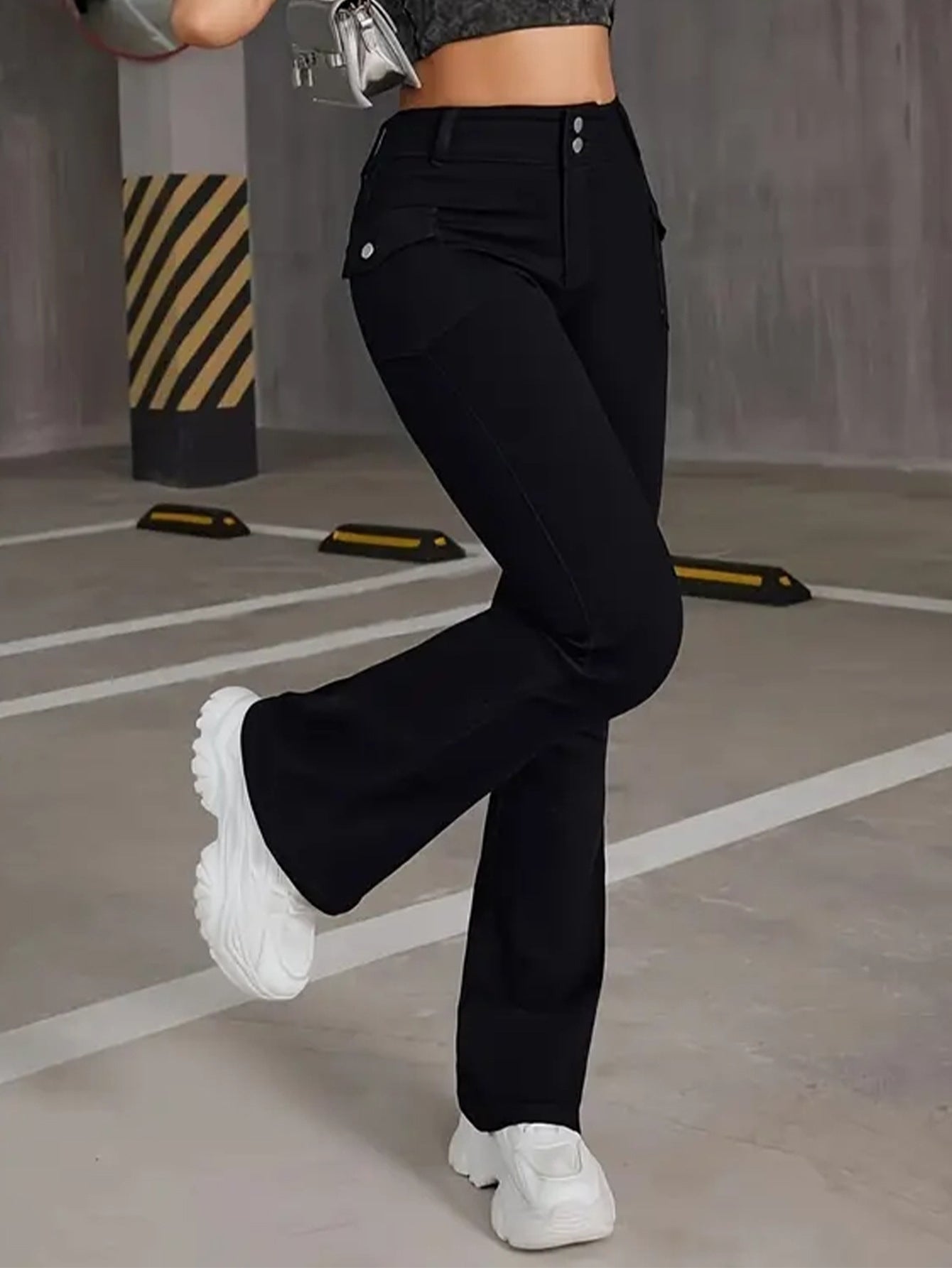 Women's jeans multi-craft pocket design black pants stretch slimming versatile flared trousers JEANS