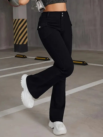 Women's jeans multi-craft pocket design black pants stretch slimming versatile flared trousers JEANS