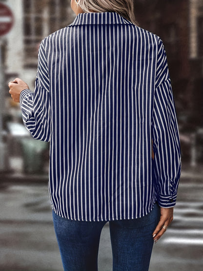 Amazon European and American women's striped shirt with double pockets on the chest, suitable for office wear in spring and autumn