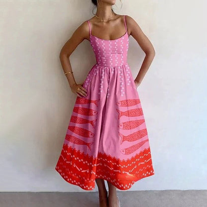 Amazon's new cross-border European and American fashion print pleated waist slip dress for spring 2026
