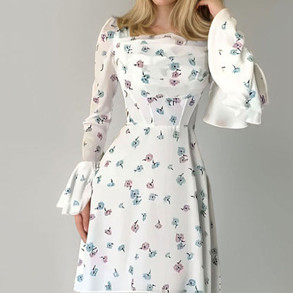 Spring 2026 New Amazon European Women's Temperament Printed Flared Sleeve Slim Stacked Spring Dress