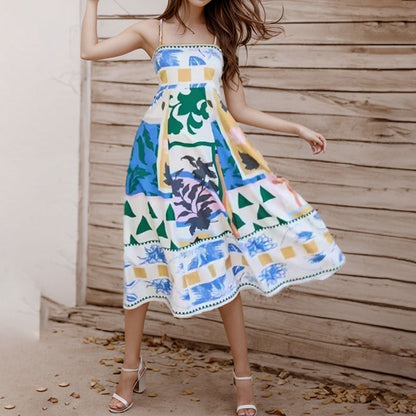 Spring 2026 European and American women's new elegant high-waisted printed suspender casual fashion dress