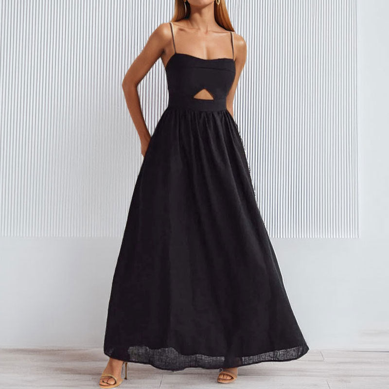 2026 European and American fashion spring and autumn new resort style solid color hollow suspender high-waisted French dress long skirt woman