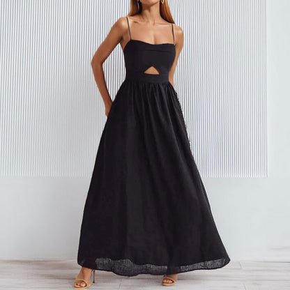 2026 European and American fashion spring and autumn new resort style solid color hollow suspender high-waisted French dress long skirt woman