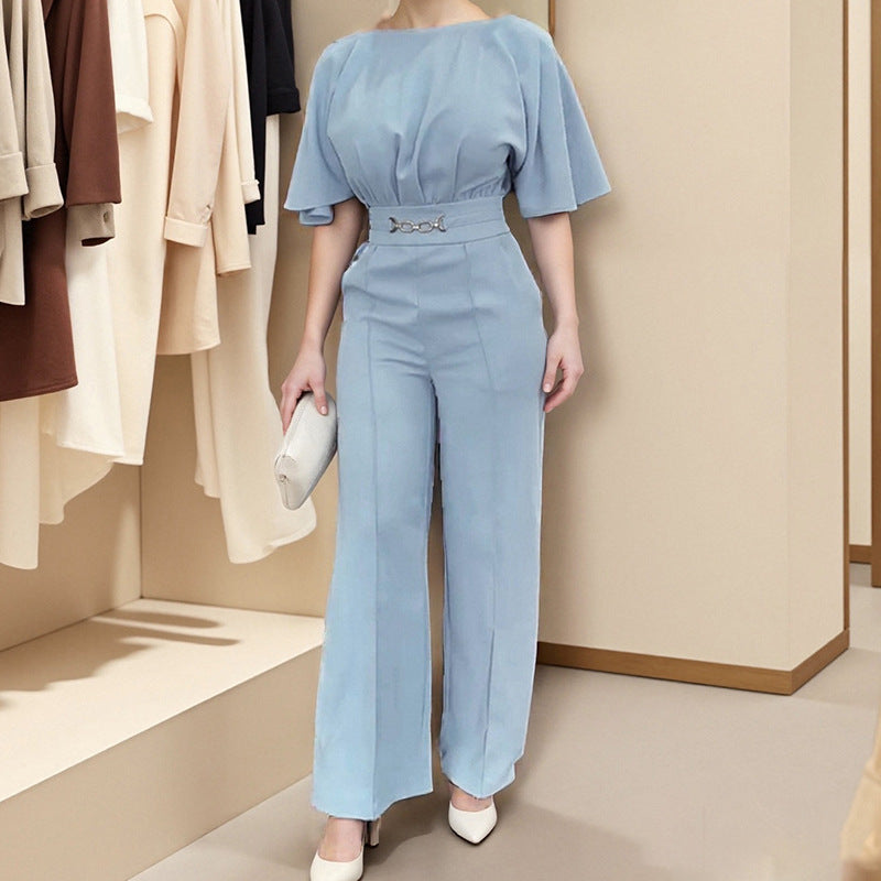 Amazon cross-border European and American clothing 2025 summer fashion crew neck solid color high-waisted elegant temperament wide-leg jumpsuit