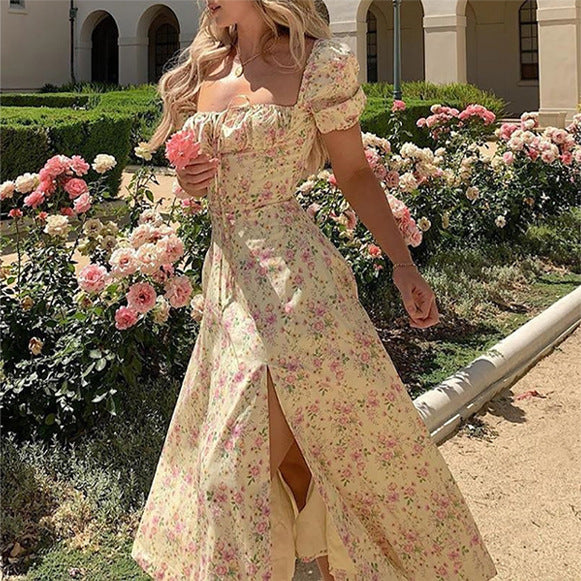 Spring 2026 New Cross-border European and American Clothing Printed French Floral Open Back Slim Suspender Slit Dress