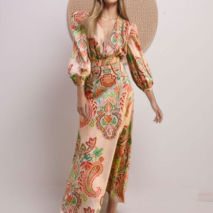 2025 spring new European and American women's clothing ethnic style V-neck long sleeves waist slimming design sense A-line skirt dress for women