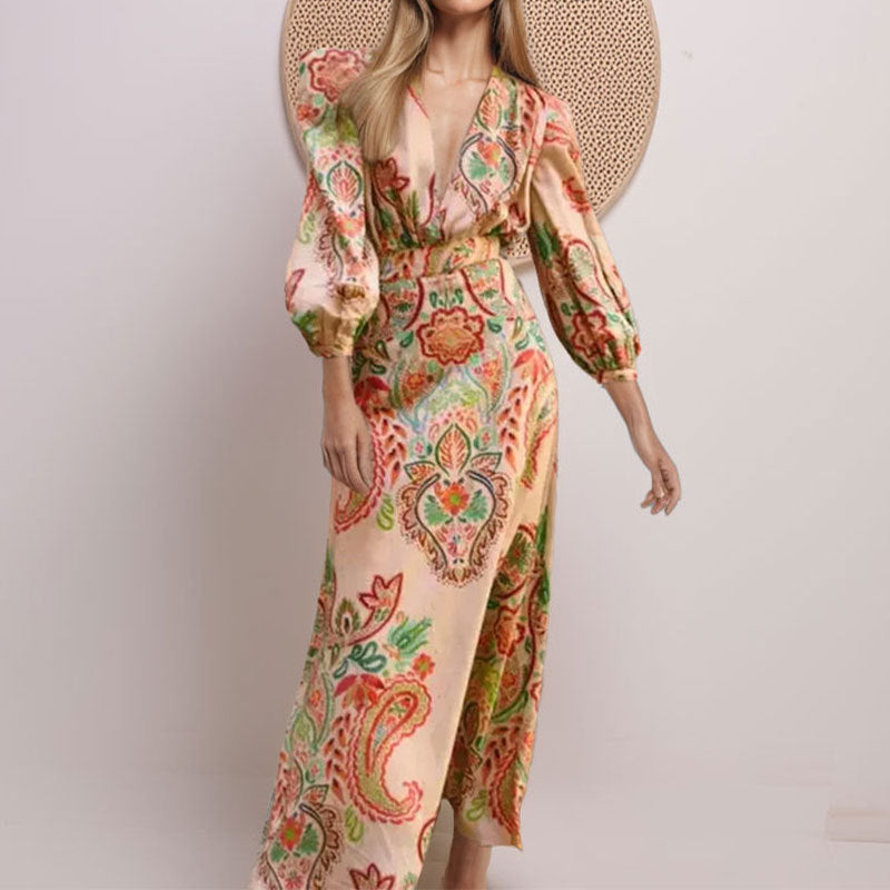 2025 spring new European and American women's clothing ethnic style V-neck long sleeves waist slimming design sense A-line skirt dress for women