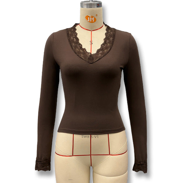 Foreign trade European and American style women's autumn and winter new sexy V-neck lace patchwork waist crop long sleeve top for women