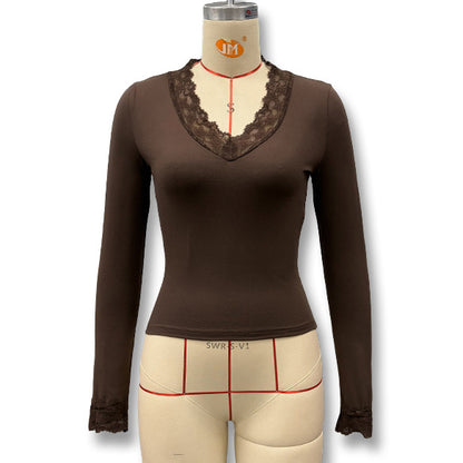 Foreign trade European and American style women's autumn and winter new sexy V-neck lace patchwork waist crop long sleeve top for women