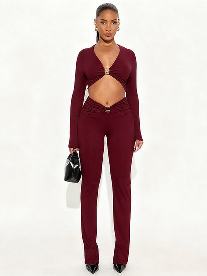 Foreign trade autumn and winter new European and beautiful women's clothing sexy V-neck crop navel long-sleeved top high-waisted skinny trousers two-piece set for women