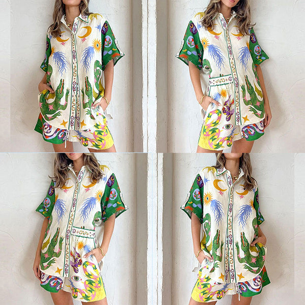 2026 New AliExpress Independent Station Loose Casual Shorts Fashion Versatile Printed Daisy Flower Short Sleeve Two-Piece Set