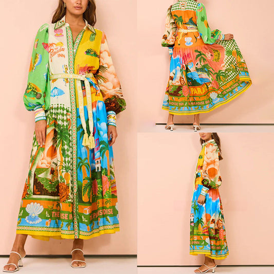 2026 independent station wishEuropean and beautiful clothing temperament printed lantern sleeves belt shirt large swing European and American dress women