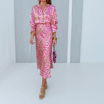 Cross-border spring 2026 new cross-border women's clothing print elegant lapel long sleeve shirt high-waisted skirt fashion suit for women