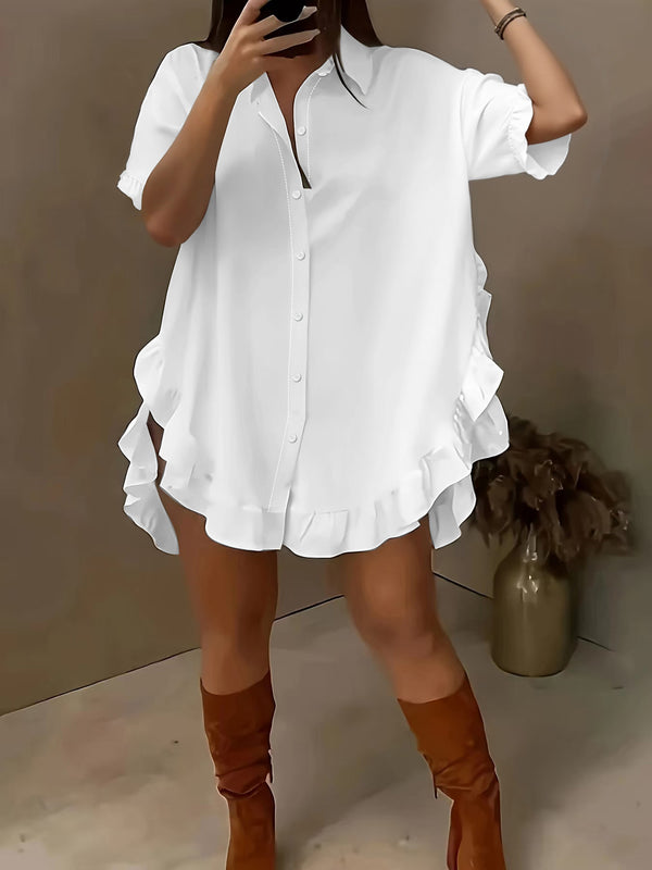 Short-sleeve cross-border foreign trade O-size women's clothing, solid color loose pleated ruffles, loose hem shirt, casual shirt