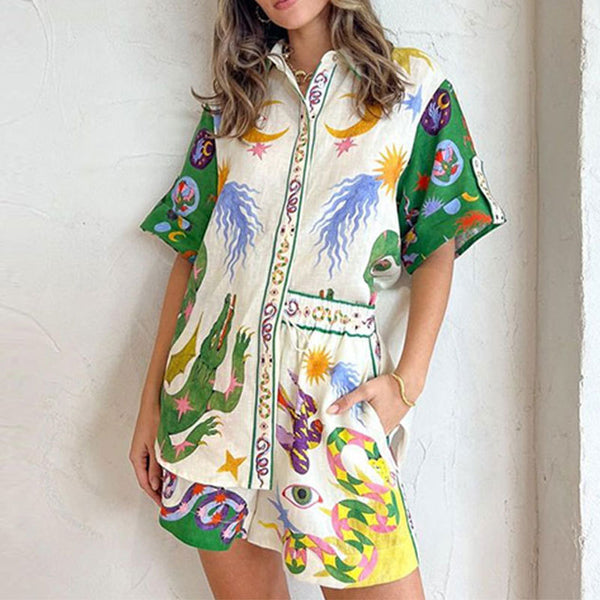 2025 Summer and Autumn New Amazon European and American Cross-border Fashion Printed Buttons Lace-up Loose Shorts Shorts Short Sleeve Suit Women
