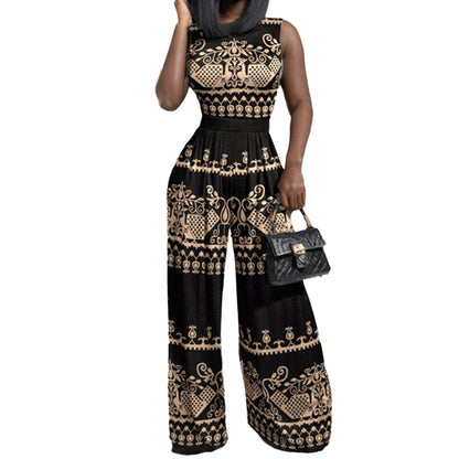 Cross-border European and American clothing spring 2026 new fashion hot sale casual trousers slim print sleeveless jumpsuit