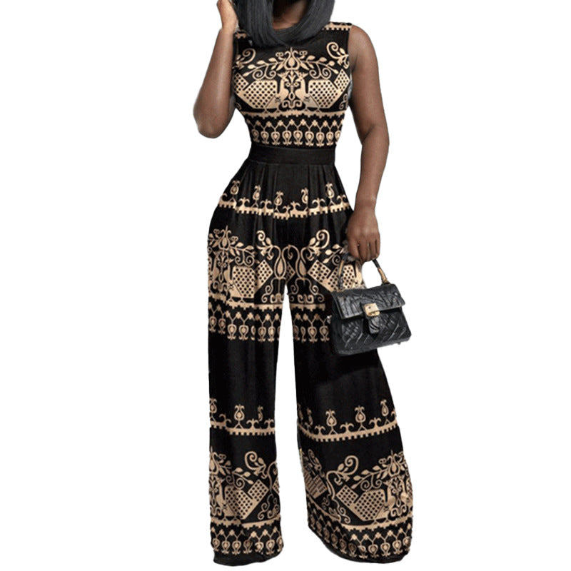 Cross-border European and American clothing spring 2026 new fashion hot sale casual trousers slim print sleeveless jumpsuit