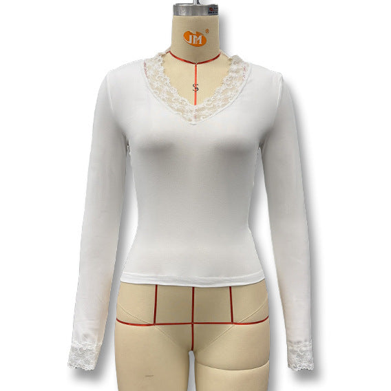 Foreign trade European and American style women's autumn and winter new sexy V-neck lace patchwork waist crop long sleeve top for women