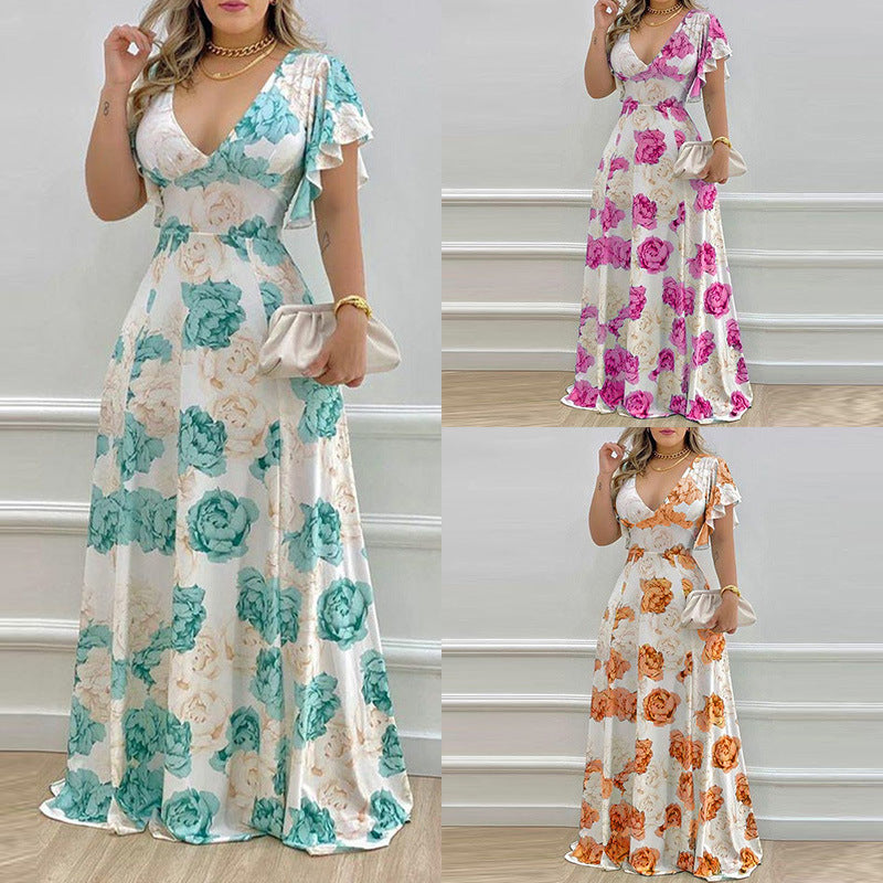 2026 Amazon cross-border new European and American clothing temperament V-neck waist printed long skirt fashion European and American dress
