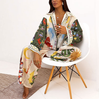 Cross-border European and American Clothing 2026 Suit New Casual Print V-Neck Shirt Wide-Leg Pants Women's Spring Suit Women's Spring Suit Women